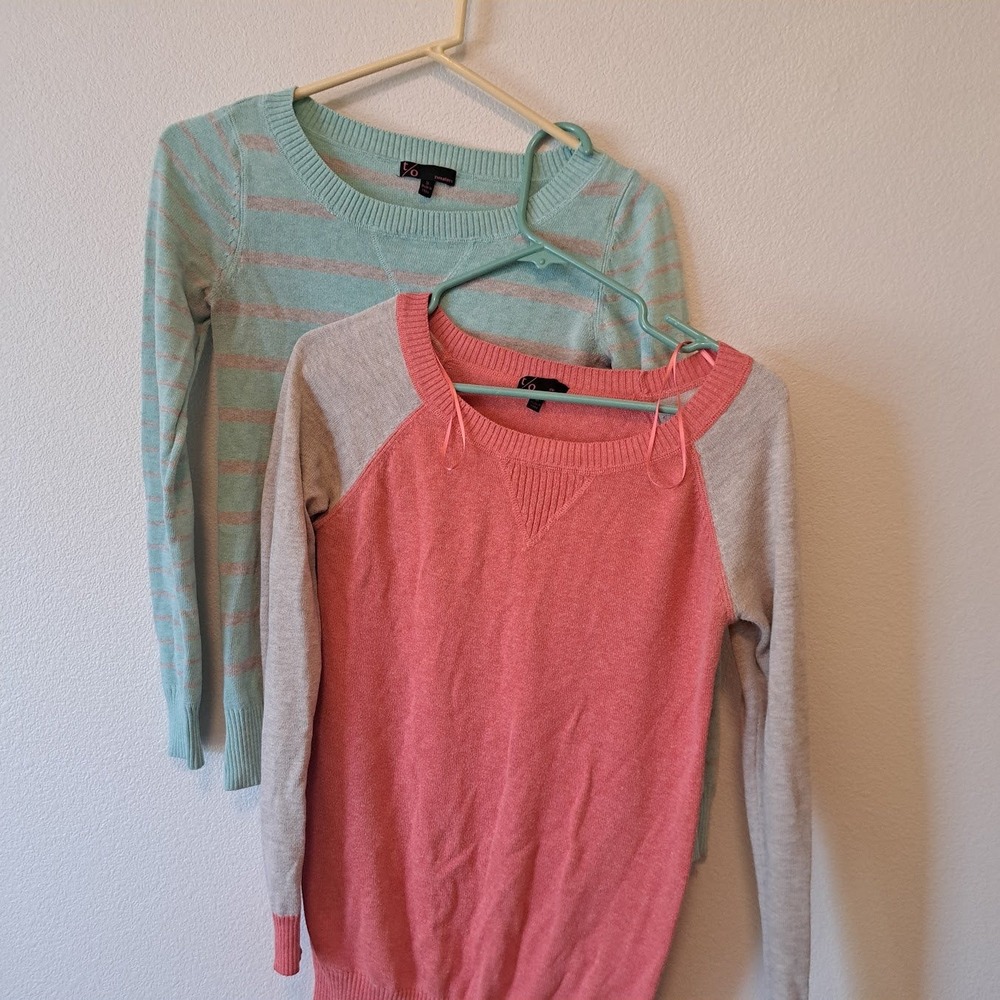 T/O Sweaters Kids Bundle Mint Green Striped & Coral Colorblock Elbow Patch S M